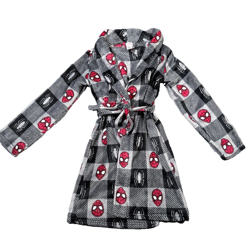 Marvel Spider-Man Boys Fleece Robe Black Red Checkered Plush Bathrobe Sz L